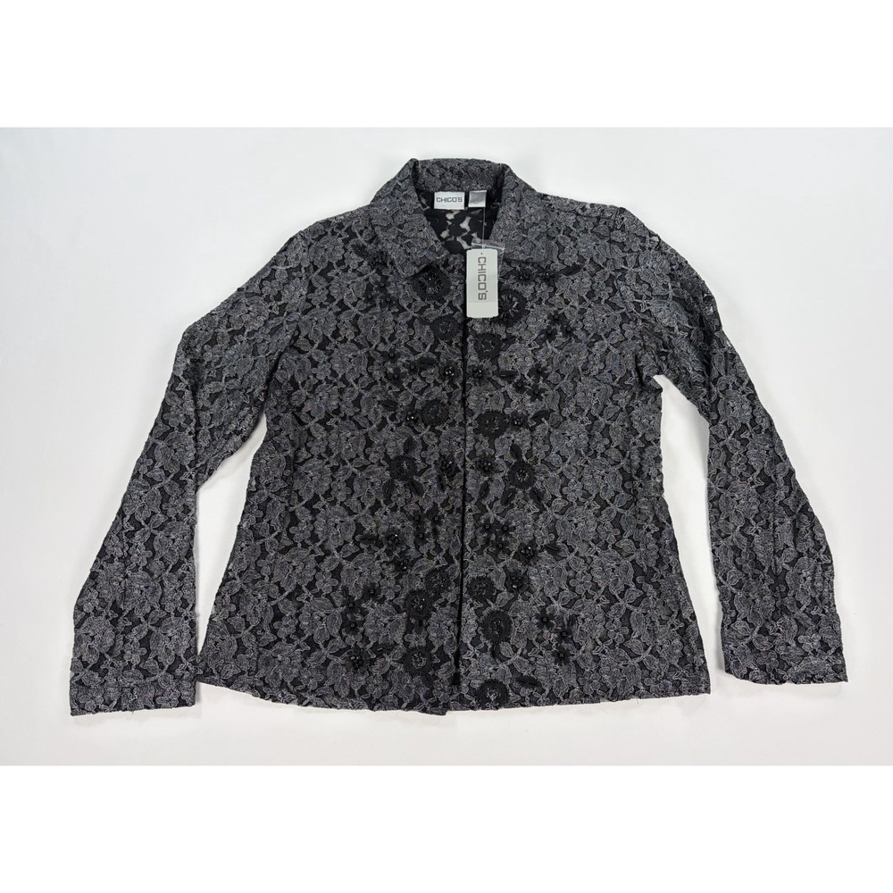 Chico's Lucetta Lace Jacket Blazer Black Silver Beaded Applique Goth Women's 1 M